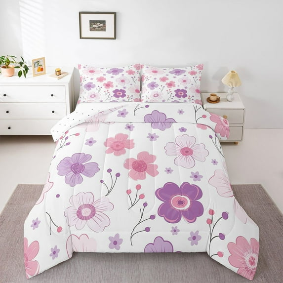 Homewish Cute Cartoon Flower Bedding Comforter Set,Colorful Daisy Twin Comforter Sets,White Pink Purple Bedding Set For Girls,Ultra Soft Home Decor Reversible,2pcs