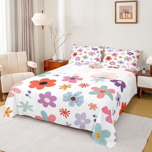 Homewish Cute Cartoon Flower Twin Sheet Sets,Colorful Daisy Twin Fitted Sheet,White Red Pink Flat Sheet For Girls,Ultra Soft Home Decor,3 Pieces