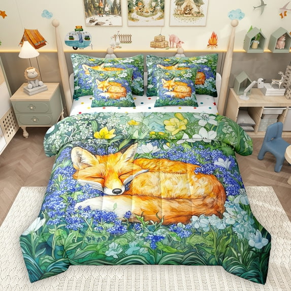 Homewish Cute Cartoon Fox 7-Piece Bedding Comforter Set,Purple Flower Lavender King Bedding Sets,Rustic Floral Bed Sheets For Girls Boys,Ultra Soft Home Decor Reversible
