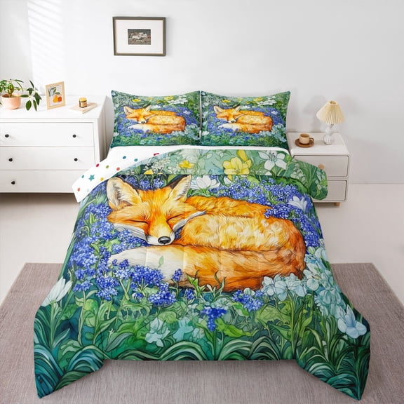 Homewish Cute Cartoon Fox Bedding Comforter Set,Purple Flower Lavender Twin Comforter Sets,Rustic Floral Bedding Set For Girls Boys,Ultra Soft Home Decor Reversible,2 Pieces