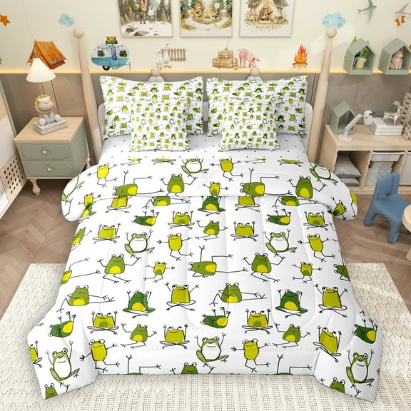 Homewish Cute Cartoon Frog 7-Piece Bedding Comforter Set,Rustic Animal King Bedding Sets,Green White Bed Sheets For Boys Kids,Ultra Soft Home Decor Reversible