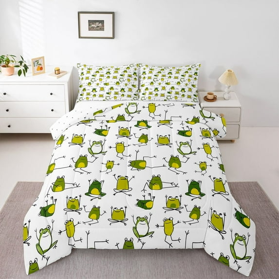 Homewish Cute Cartoon Frog Bedding Comforter Set,Rustic Animal Twin Comforter Sets,Green White Bedding Set For Boys Kids,Ultra Soft Home Decor Reversible,2-Piece