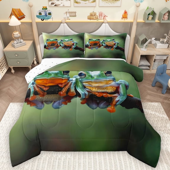 Homewish Cute Cartoon Frog Full Size Comforter Sets,Rustic Animal Bedding Comforter Set,Green Orange Bedding Sets For Boys Kids,Luxury Bedroom Decor Reversible,3pcs