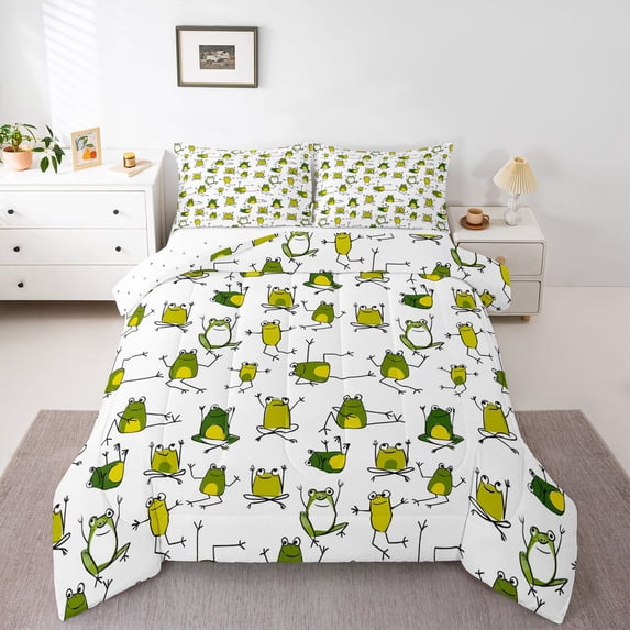 Homewish Cute Cartoon Frog Queen Comforter Set,Rustic Animal Bedding Sets,Green White Bedding Comforter Set For Boys Kids,Ultra Soft Home Decor Reversible,3pcs