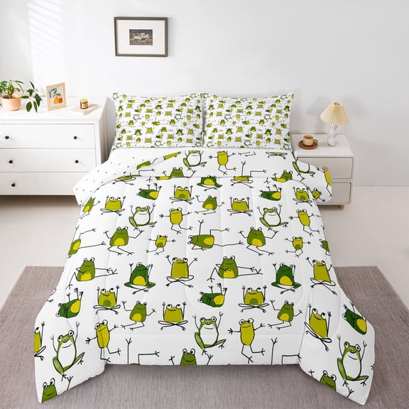 Homewish Cute Cartoon Frog Queen Comforter Set,Rustic Animal Bedding Sets,Green White Bedding Comforter Set For Boys Kids,Ultra Soft Home Decor Reversible,3pcs
