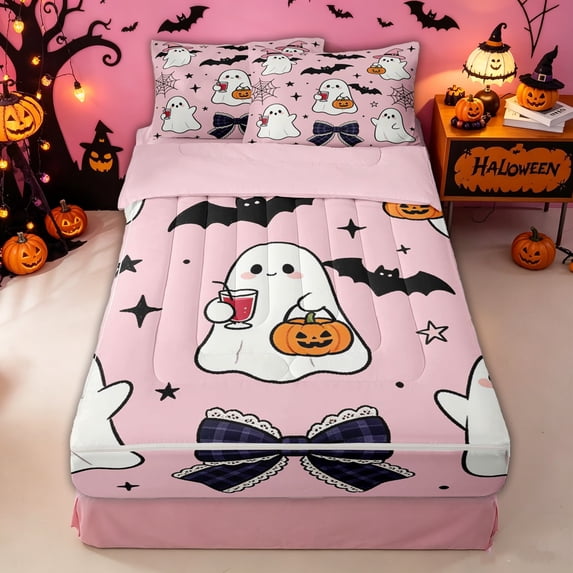 Homewish Cute Cartoon Ghost Zipper Twin Comforter Sets with Fitted Sheet and 2 Pillowcases for Girls, Halloween Bat Plaid Bow Pumpkin Zipper Bedding Set, Pink Reversible, 4pcs