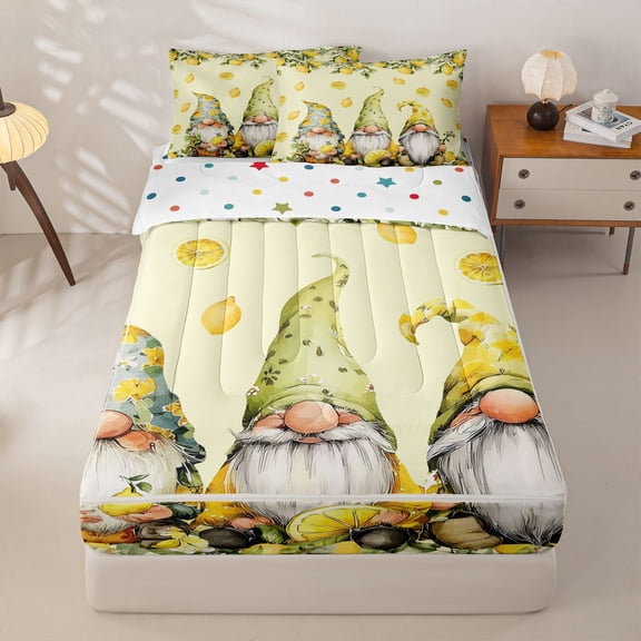 Homewish Cute Cartoon Gnome Zipper Twin Comforter Sets with Fitted Sheet and 2 Pillowcases,Tropical Fruit Lemon Zipper Bedding Set For Girls Kids,Reversible,4 Pieces