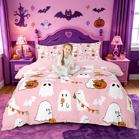 Homewish Cute Cartoon Halloween Ghost Bedding,Pumpkin Bat Banner Print Duvet Cover Full,Blush Pink,Pink Reversible,3-Piece,1 Duvet Cover and 2 Pillowcases