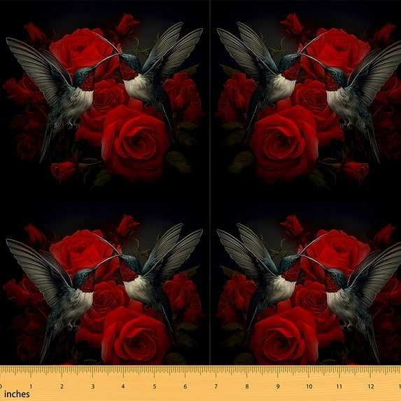 Homewish Cute Cartoon Hummingbird Fabric by the Yard 1 Yard,Wild Bird Home Decor Fabric by the Yard,Red Flower Floral Sewing Fabric For Boys Girls,Super Cozy Room Decor