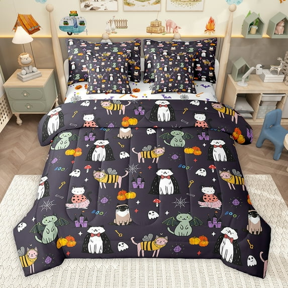 Homewish 7-Piece Twin Bedding Set: Cute Kitten Puppy Halloween Spooky Castle Reversible Ultra Soft Decor