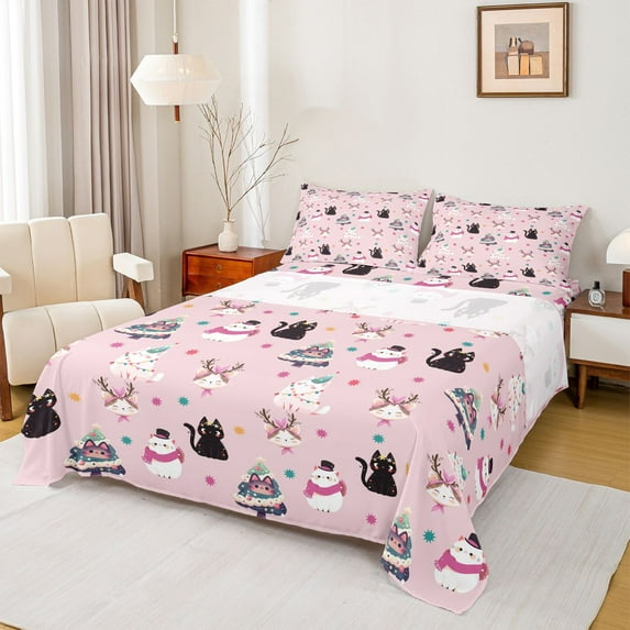 Homewish Cute Cartoon Kitten Bed Sheets,Merry Christmas Xmas Tree King Sheets,Colorful Snowflake Sheet Set For Girls Kids,Luxury Bedroom Decor,4 Pieces
