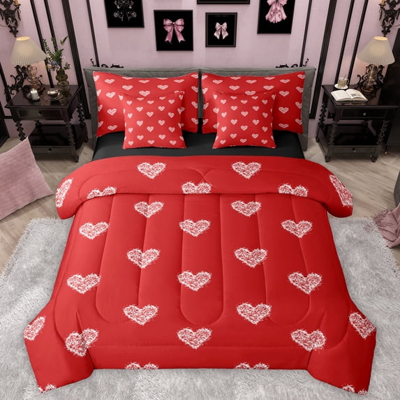 Homewish Cute Cartoon Loves 7-Piece Twin Bedding Sets,Kawaii Heart Print Bedding Comforter Set,Red White Sheet Sets For Girls,Microfiber Bedroom Decor Reversible