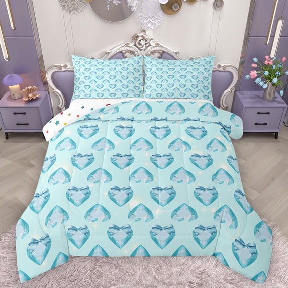 Homewish Cute Cartoon Loves Queen Comforter Set,Kawaii Heart Print Bedding Sets,Light Blue Bedding Comforter Set For Girls,Microfiber Bedroom Decor Reversible,3pcs