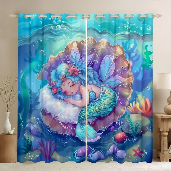 Homewish Cute Cartoon Mermaid Black Out Curtains,Oceean Animal Curtains Pack of 2 (42x63 Each),Watercolor Sealife Coral Bedroom Curtains For Girls,Breathable Home Decor