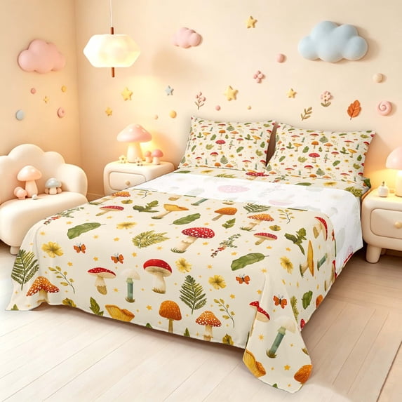 Homewish Cute Cartoon Mushrooms Bed Sheets,Kawaii Floral Plants Full Size Sheets,Beige,4pcs,1 Flat Sheet, 1 Fitted Sheet and 2 Pillowcases