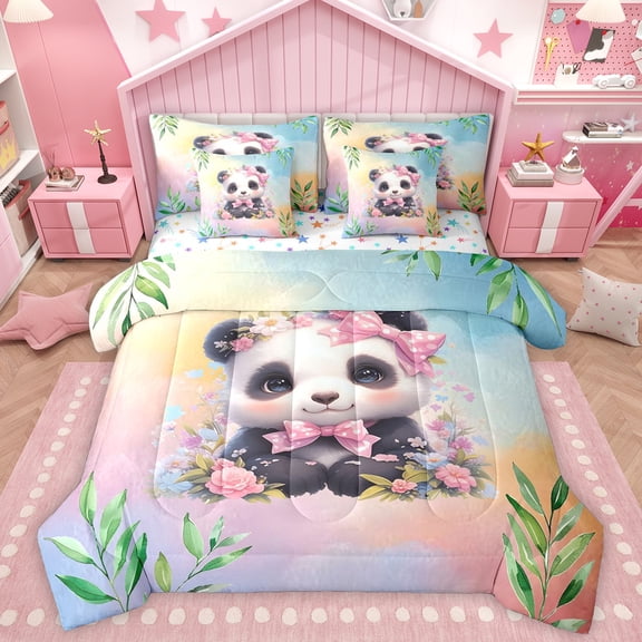 Homewish Cute Cartoon Panda 7-Piece Bedding Comforter Set,Kawaii Polka Dots Bowtie King Bedding Sets,Colorful Flower Floral Bed Sheets For Girl Kids,Luxury Bedroom Decor Reversible