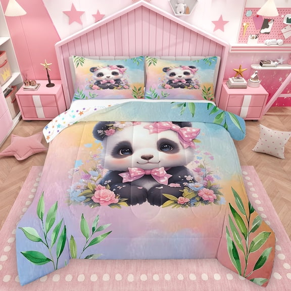Homewish Cute Cartoon Panda Bedding Comforter Set,Kawaii Polka Dots Bowtie Twin Comforter Sets,Colorful Flower Floral Bedding Set For Girl Kids,Luxury Bedroom Decor Reversible,2 Pieces