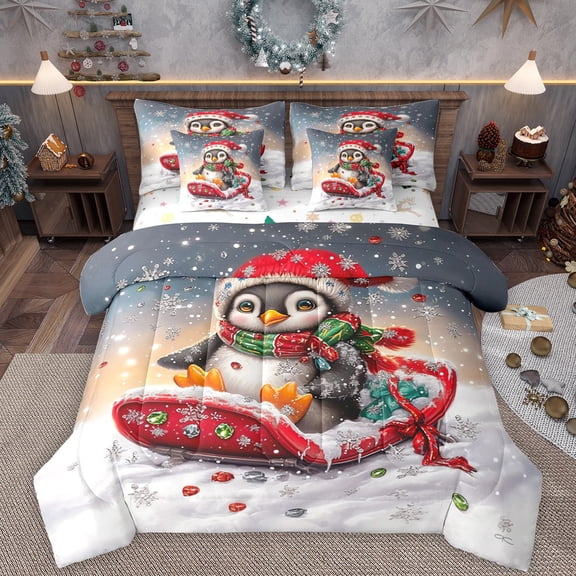 Homewish Cute Cartoon Penguin 7-Piece Bedding Comforter Set,Merry Christmas King Bedding Sets,Colorful Chic Diamond Bed Sheets For Girls Kids,3Luxury Bedroom Decor Reversible