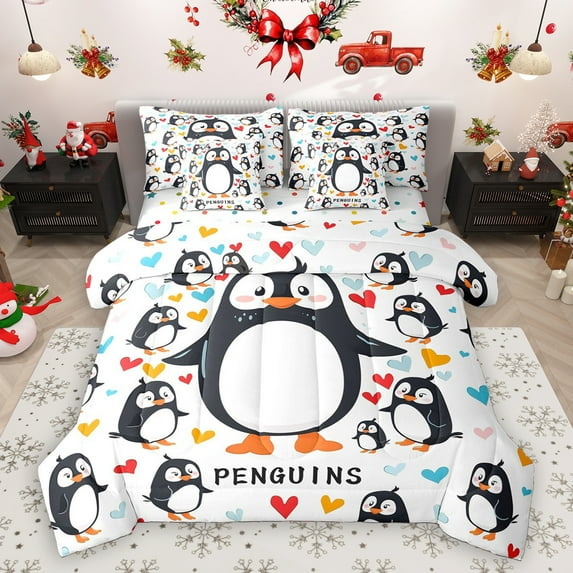 Homewish Cute Cartoon Penguin 7-Piece Twin Bedding Sets,Antarctic Wild Animal Bedding Comforter Set,Colorful Heart Print Sheet Sets For Boys Hgirls,Breathable Home Decor Reversible