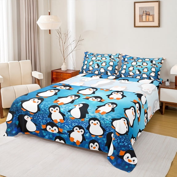 Homewish Cute Cartoon Penguin Bed Sheets,Antarctic Wild Animal King Sheets,White Blue Black Sheet Set For Boys Hgirls,Breathable Home Decor,4-Piece