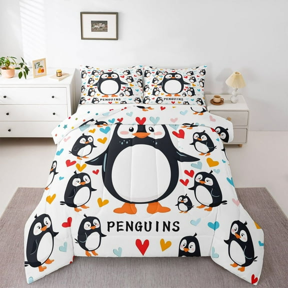 Homewish Cute Cartoon Penguin Bedding Comforter Set,Antarctic Wild Animal Twin Comforter Sets,Colorful Heart Print Bedding Set For Boys Hgirls,Breathable Home Decor Reversible,2pcs