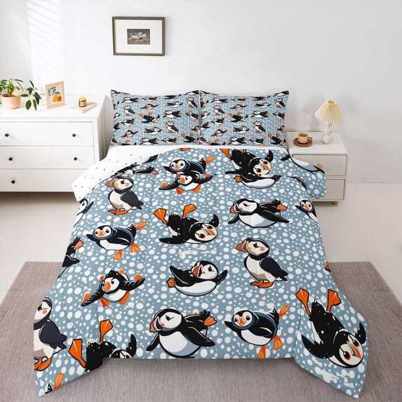Homewish Cute Cartoon Penguin Full Size Comforter Sets,Antarctic Wild Animal Bedding Comforter Set,Blue White Black Bedding Sets For Boys Hgirls,Breathable Home Decor Reversible,3pcs