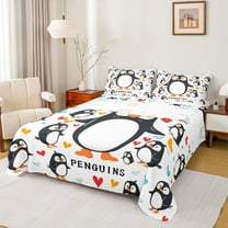 Homewish Cute Cartoon Penguin Twin Sheet Sets,Antarctic Wild Animal Twin Fitted Sheet,Colorful Heart Print Flat Sheet For Boys Hgirls,Breathable Home Decor,3pcs