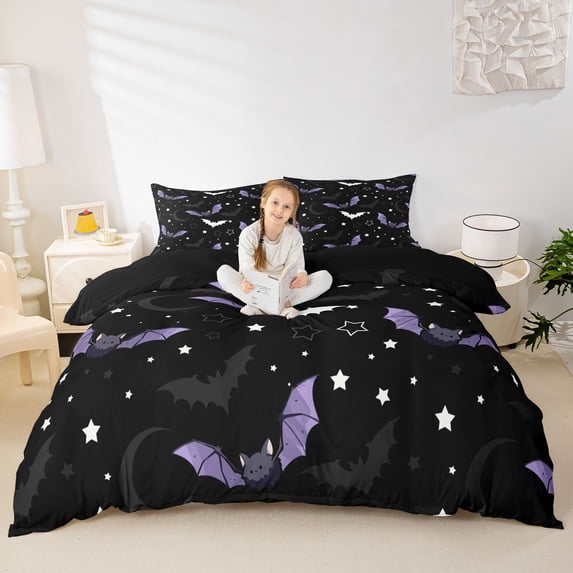 Homewish Cute Cartoon Purple Bat Bedding for Kids, Mystic Sky Star Moon Duvet Cover Full, Black Reversible, 3 Pieces, 1 Duvet Cover and 2 Pillowcases