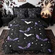 Homewish Cute Cartoon Purple Bat Twin Bedding for Kids, Mystic Sky Star Moon Bedding Comforter Set, Black Reversible, 7 Pieces