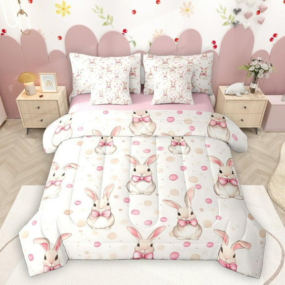 Homewish Cute Cartoon Rabbit 7-Piece Twin Bedding Sets,Kawaii Bow Bowknot Bedding Comforter Set,Pink Beige Sheet Sets For Girls Kids,Super Cozy Room Decor Reversible