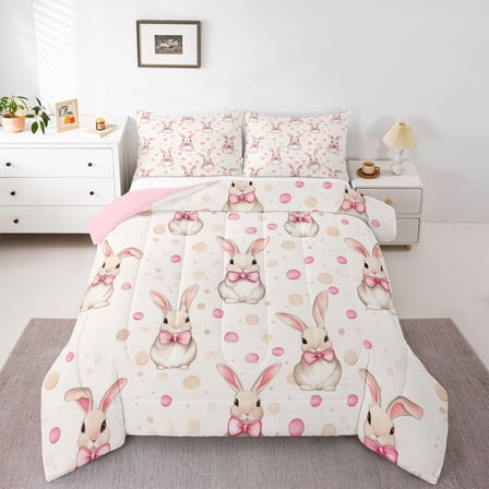 Homewish Cute Cartoon Rabbit Bedding Comforter Set,Kawaii Bow Bowknot Twin Comforter Sets,Pink Beige Bedding Set For Girls Kids,Super Cozy Room Decor Reversible,2-Piece
