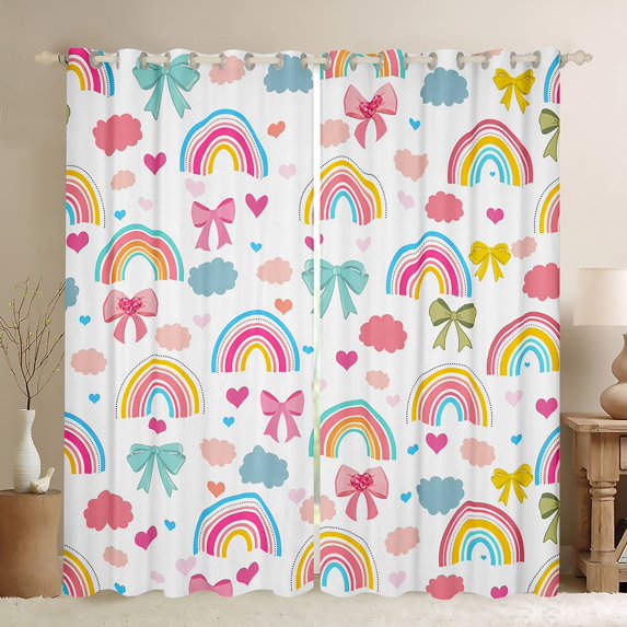 Homewish Cute Cartoon Rainbow Curtains Pack of 2 (42x84 Each),Colorful Bowtie Bowknot Curtains Blackout,Clouds Loves Pattern Bedroom Curtains For Girls Teens,Luxury Bedroom Decor