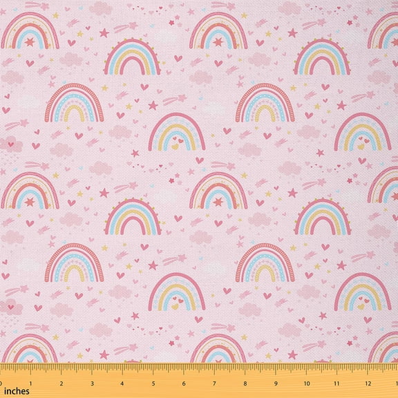 Homewish Cute Cartoon Rainbow Fabric by the Yard 1 Yard,Pink Loves Pattern Home Decor Fabric by the Yard,Girl Fairy Tale Sewing Fabric For Kids Girl, Microfiber Bedroom Decor