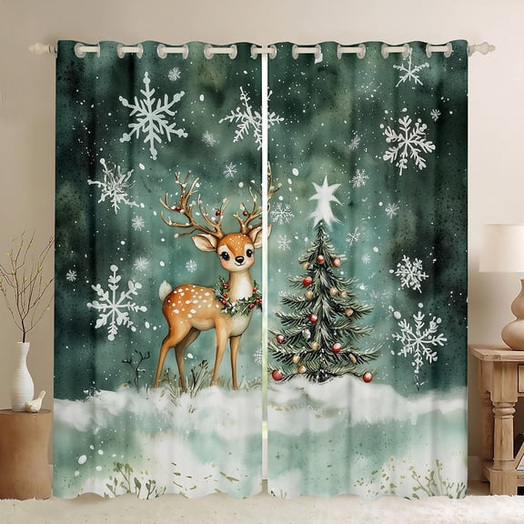 Homewish Cute Cartoon Reindeer Black Out Curtains for Kids, Winter Xmas Snowflake Curtains Pack of 2 (42x63 Each), Green Christmas Tree Bedroom Curtains, Curtains and Drapes Bedroom Decor