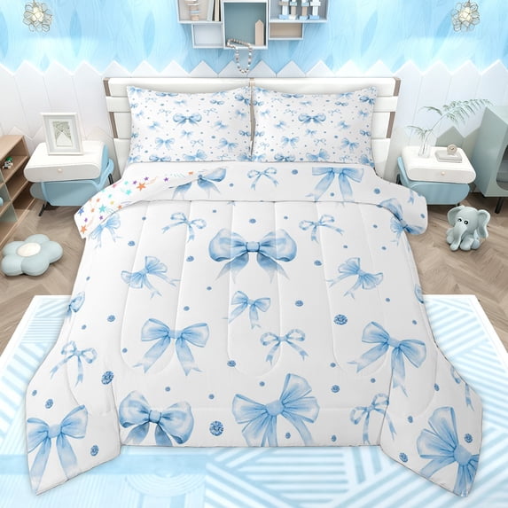 Homewish Cute Cartoon Ribbon Full Size Comforter Sets for Child, Blue Bling Diamond Bedding Comforter Set, Fairy Tale Princess Reversible Bedding Sets, Lightweight Room Decor, 3pcs