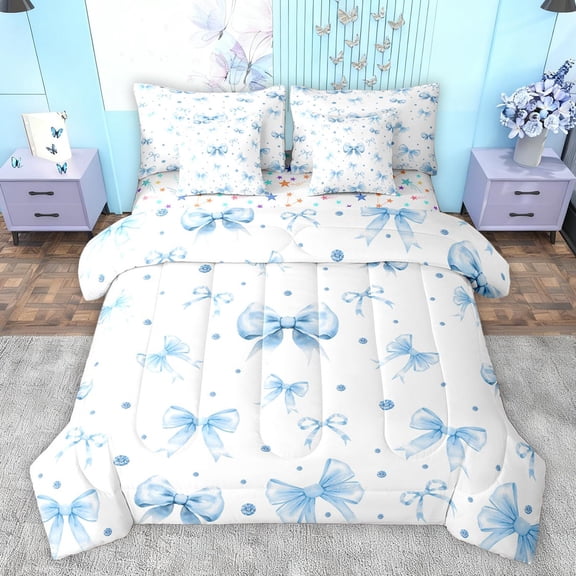 Homewish Cute Cartoon Ribbon Twin Bedding Sets 7-Piece for Child, Blue Bling Diamond Bedding Comforter Set, Fairy Tale Princess Reversible Sheet Sets, Lightweight Room Decor