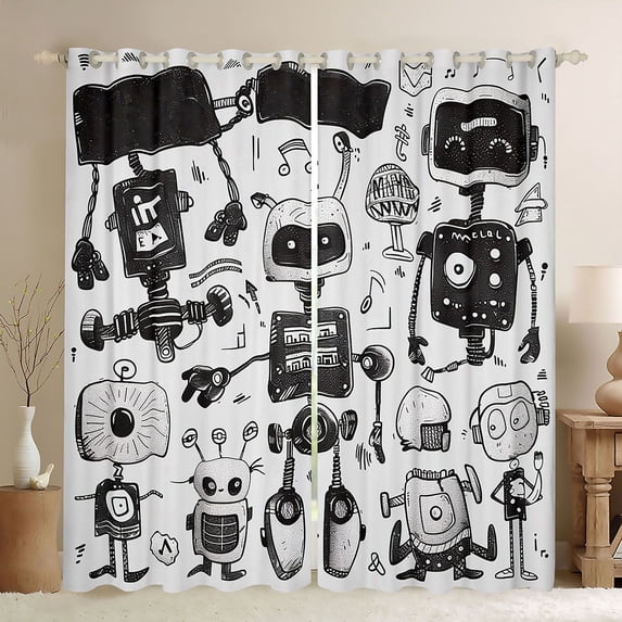 Homewish Cute Cartoon Robot Black Out Curtains,Intelligent Machine Curtains Pack of 2 (42x63 Each),Gray White Bedroom Curtains For Boys Kids,.Breathable Home Decor