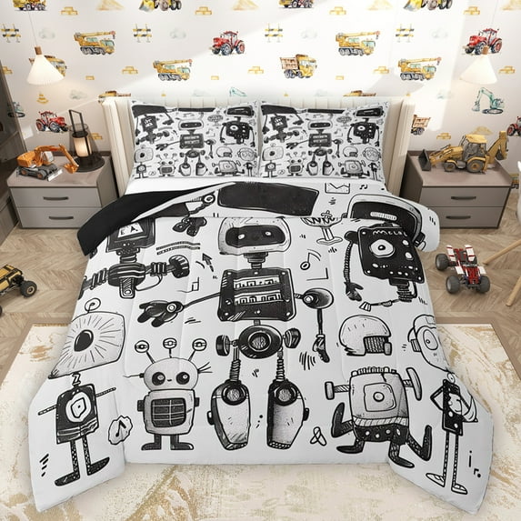 Homewish Cute Cartoon Robot Full Size Comforter Sets,Intelligent Machine Bedding Comforter Set,Gray White Bedding Sets For Boys Kids,.Breathable Home Decor Reversible,3pcs