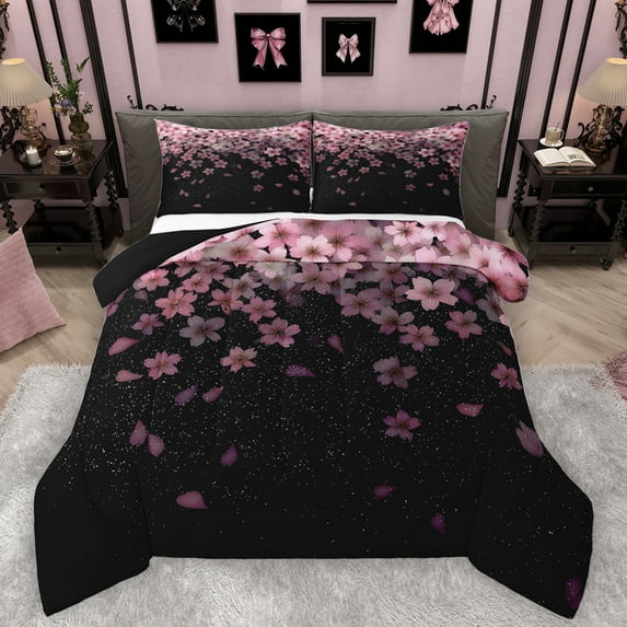 Homewish Cute Cartoon Sakura Bedding Comforter Set,Japanese Cherry Blossom Twin Comforter Sets,Pink Black Bedding Set For Girl,Breathable Home Decor Reversible,2 Pieces