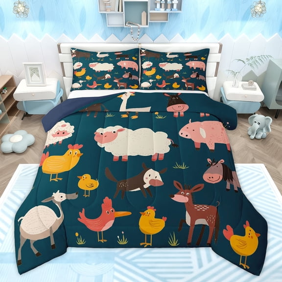 Homewish Cute Cartoon Sheep Queen Comforter Set for Teen, Funny Donkey Pig Bedding Sets, Rustic Farmhouse Reversible Bedding Comforter Set, Super Cozy Room Decor, 3pcs
