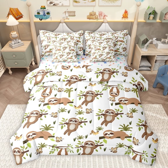 Homewish Cute Cartoon Sloth 7-Piece Bedding Comforter Set,Kawaii Bee King Bedding Sets,Brown White Bed Sheets For Boy Girl,Breathable Home Decor Reversible