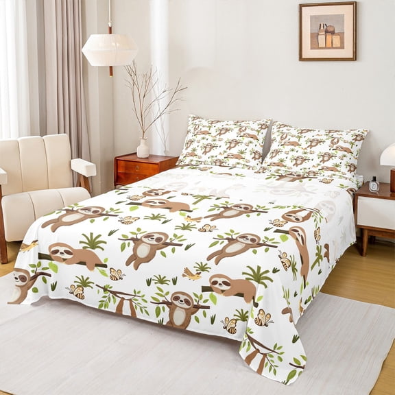 Homewish Cute Cartoon Sloth Bed Sheets,Kawaii Bee King Sheets,Brown White Sheet Set For Boy Girl,Breathable Home Decor,4 Pieces