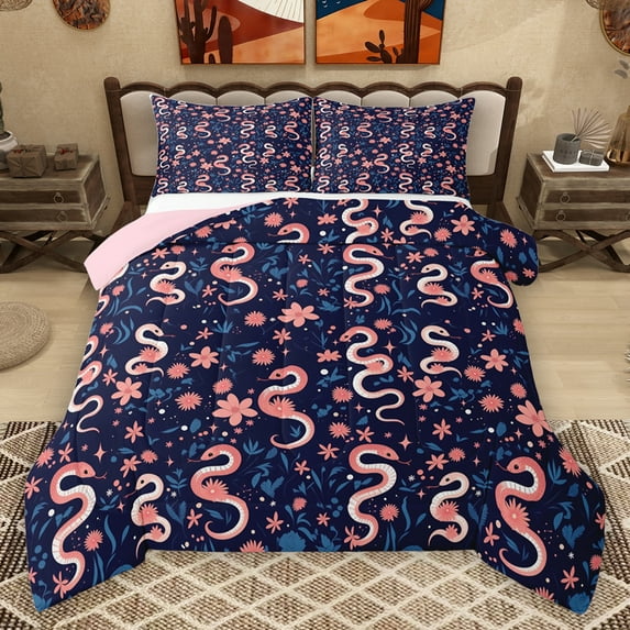 Homewish Cute Cartoon Snake Bedding Comforter Set,Kawaii Cherry Blossom Twin Comforter Sets,Deepblue Pink Bedding Set For Girls Kids,Ultra Soft Home Decor Reversible,2pcs