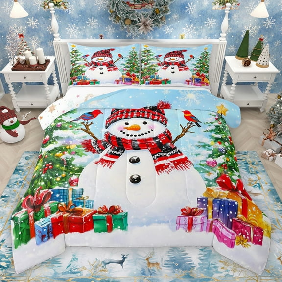 Homewish Cute Cartoon Snowman Bedding Comforter Set,Colorful Christmas Gifts Twin Comforter Sets,Merry Xmas Bedding Set For Girls Kids,Breathable Home Decor Reversible,2pcs