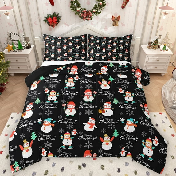 Homewish Cute Cartoon Snowman Full Size Comforter Sets,Merry Christmas Bedding Comforter Set,Black White Red Bedding Sets For Bot Girls,Microfiber Bedroom Decor Reversible,3-Piece