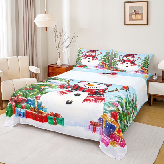Homewish Cute Cartoon Snowman Twin Sheet Sets,Colorful Christmas Gifts Twin Fitted Sheet,Merry Xmas Flat Sheet For Girls Kids,Breathable Home Decor,3pcs