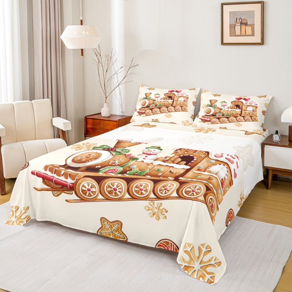 Homewish Cute Cartoon Train Queen Sheet Sets,Merry Christmas Flat Sheet,Beige Brown Queen Fitted Sheet For Teens,Super Cozy Room Decor,4 Pieces