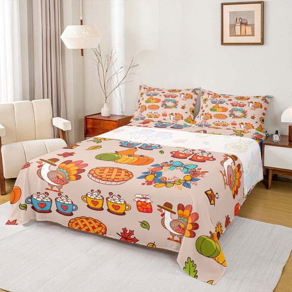Homewish Cute Cartoon Turkey Twin Sheet Sets,Happy Thanksgiving Day Twin Fitted Sheet,Autumn Fall Pumpkin Flat Sheet For Girls Teens,Luxury Bedroom Decor,3pcs