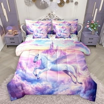 Homewish Cute Cartoon Unicorn 7-Piece Twin Bedding Sets,Dreamy Princess Castle Bedding Comforter Set,Pink Purple Sheet Sets For Girls Kids,Ultra Soft Home Decor Reversible
