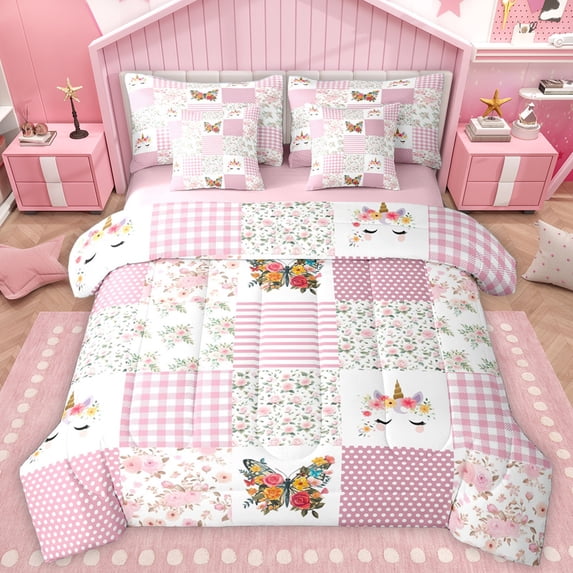 Homewish Cute Cartoon Unicorn 7-Piece Twin Bedding Sets,Rustic Flower Butterfly Bedding Comforter Set,Patchwork Geometric Plaid Sheet Sets For Girls Kids,Ultra Soft Home Decor Reversible